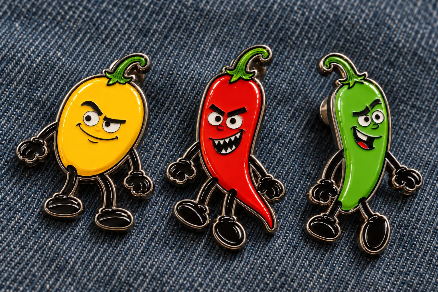Pep Pals character designs as enamel brooches on blue denim