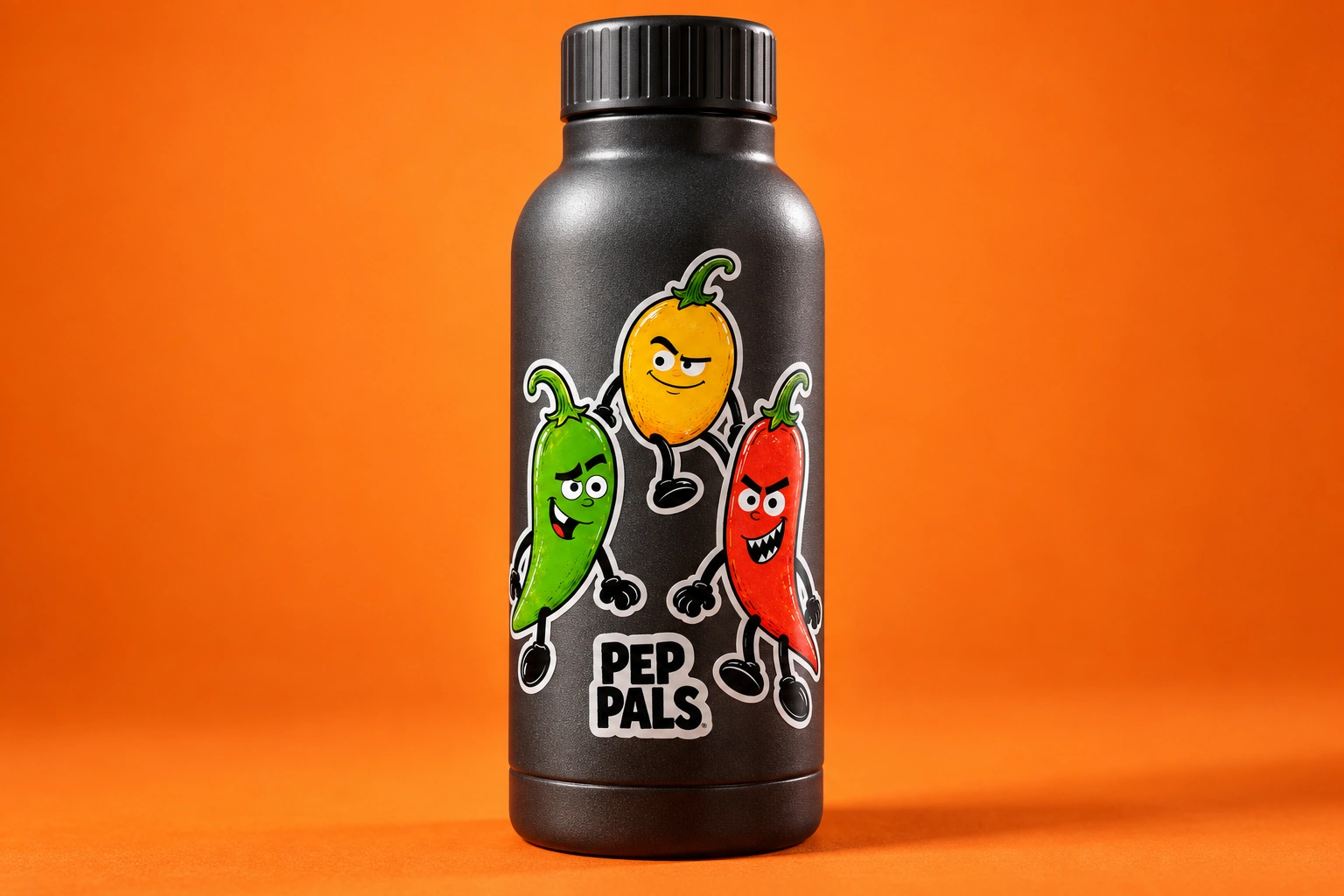 Dark metal water bottle featuring Pep Pals character stickers