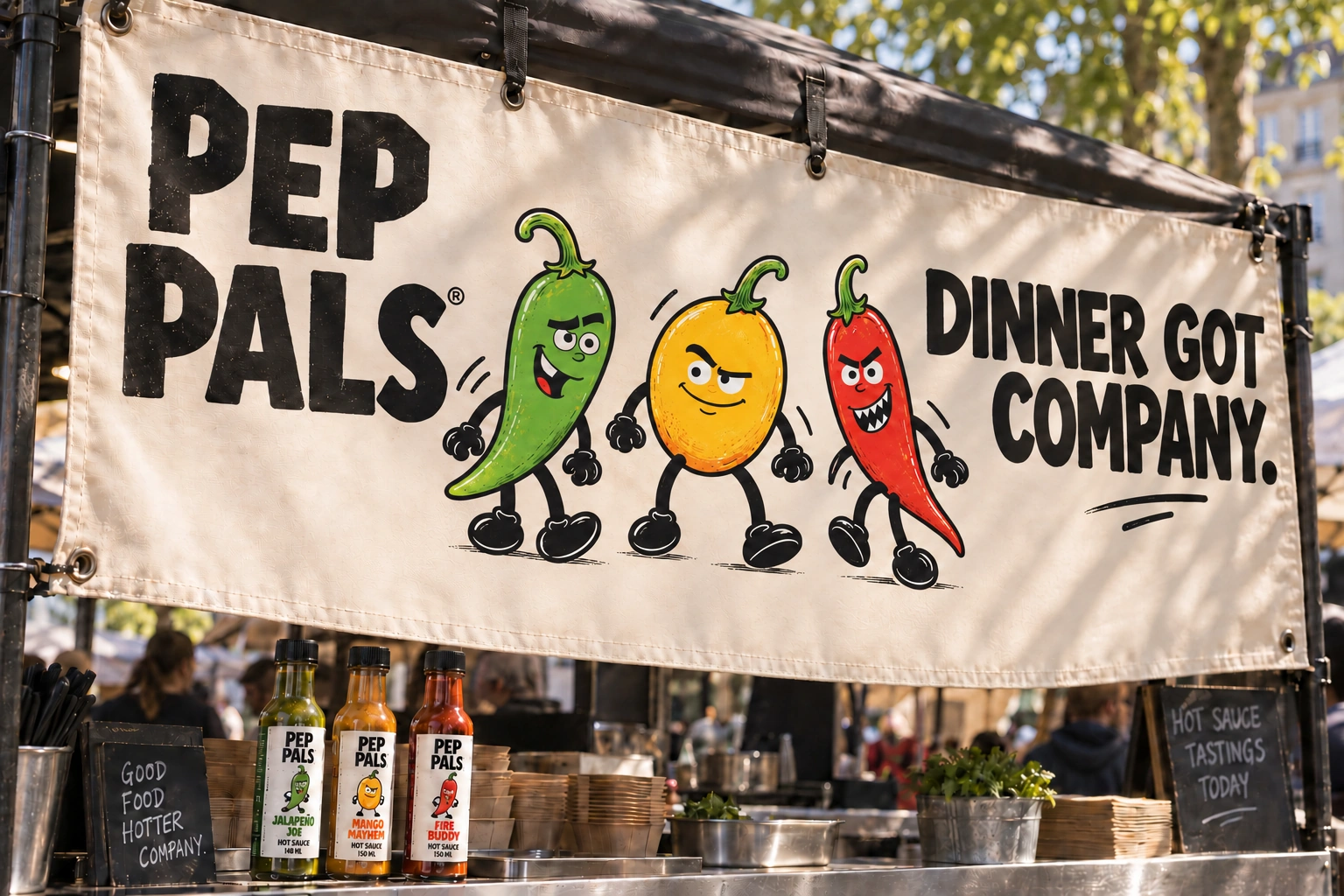Pep Pals event banner featuring the three hot sauce characters