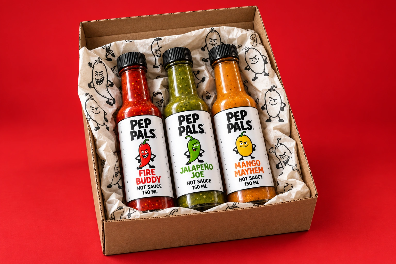 The three Pep Pals hot sauces in a branded kraft gift box with illustrated tissue paper