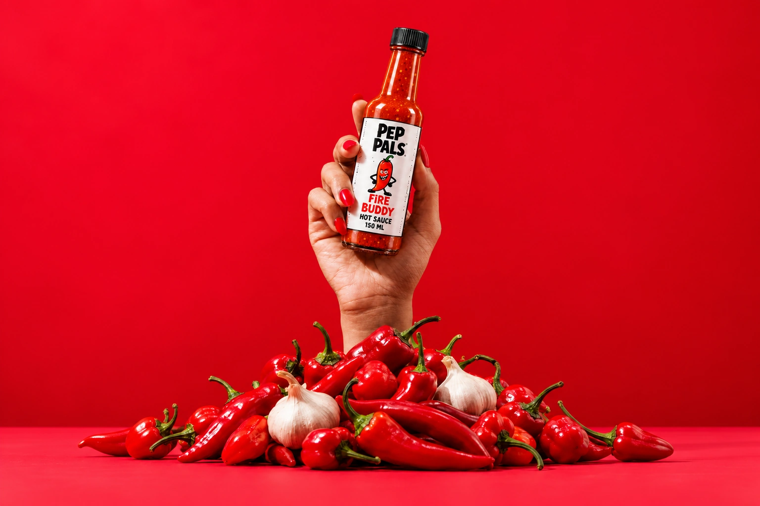 A hand holding Pep Pals Fire Buddy hot sauce above red peppers