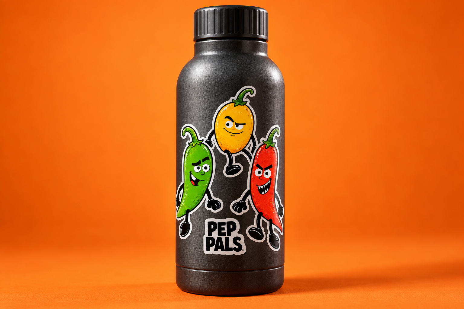 Dark metal water bottle with Pep Pals character stickers against an orange studio background
