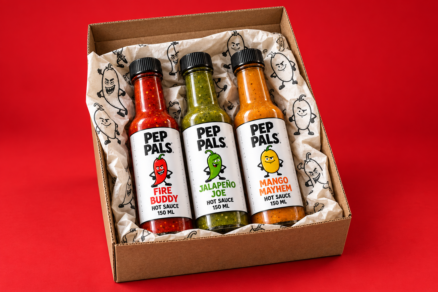 Three Pep Pals sauces in a kraft gift box with character-patterned tissue