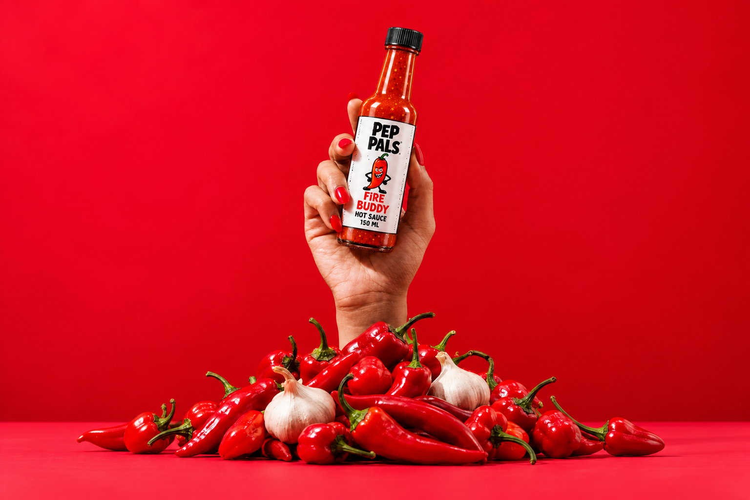 A hand holding Fire Buddy hot sauce above red peppers